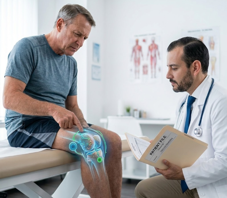 Dr. Guillermo Quezada performing knee condition evaluation for knee osteoarthritis