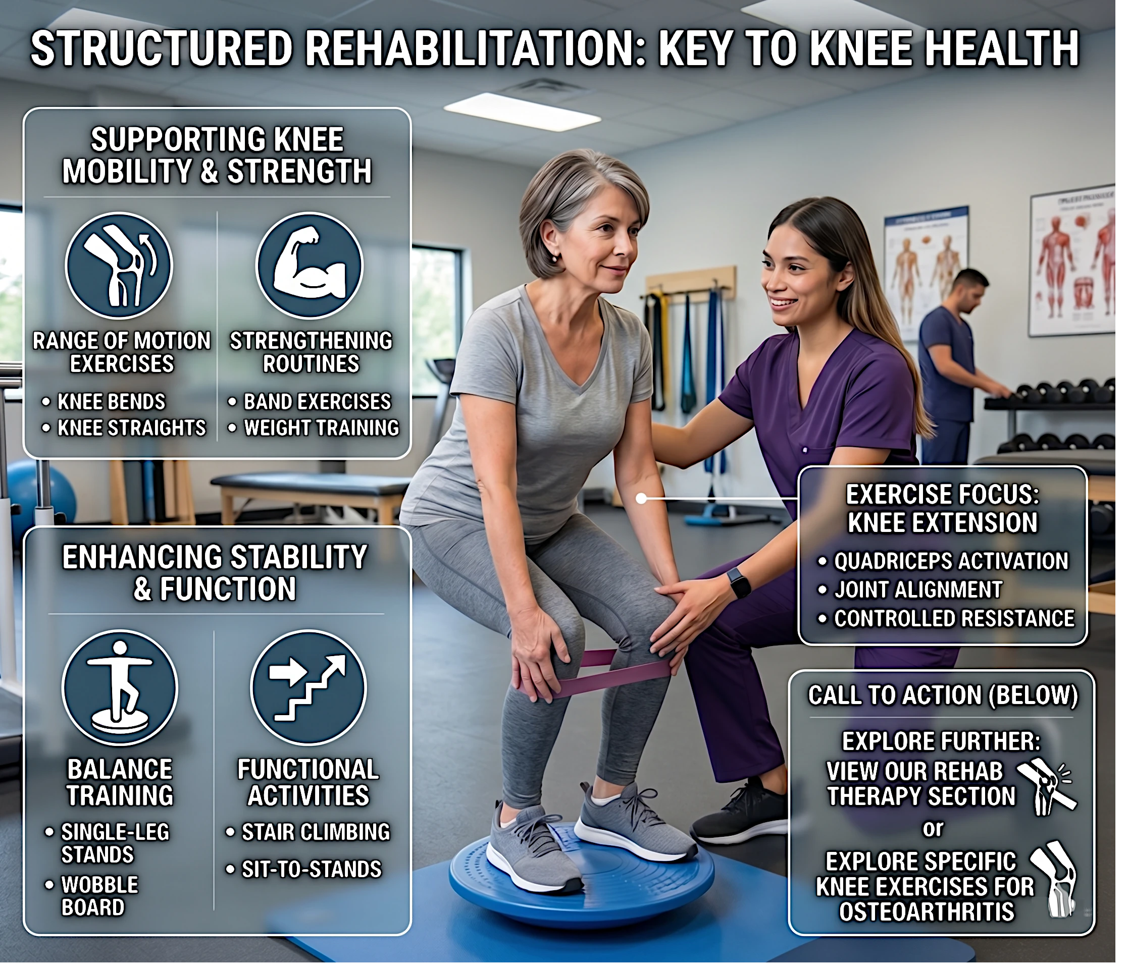 Physical therapist guiding knee rehabilitation exercises for knee osteoarthritis after stem cell support