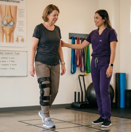 Patient walking with knee brace and physiotherapist guidance for knee osteoarthritis management