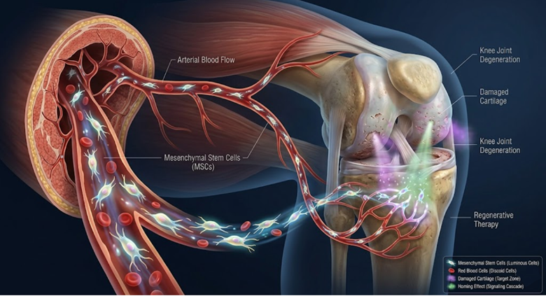 Scientific visualization of mesenchymal stem cells targeting knee joint environment for knee osteoarthritis supportive therapy